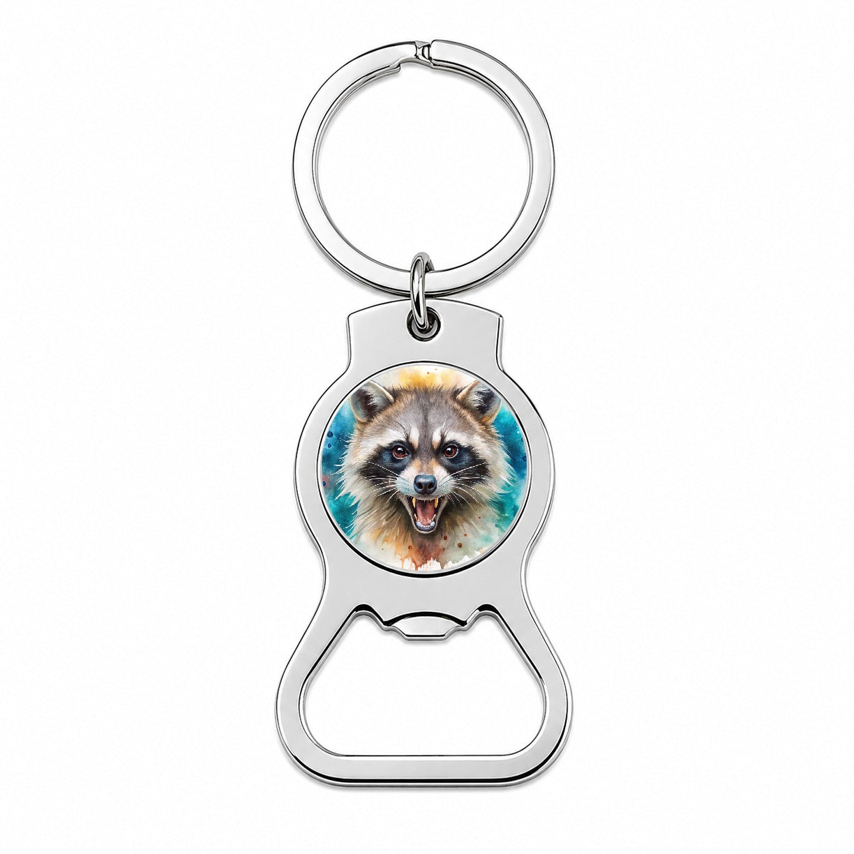 Angry Mad Raccoon Watercolor Bottle Opener Keychain