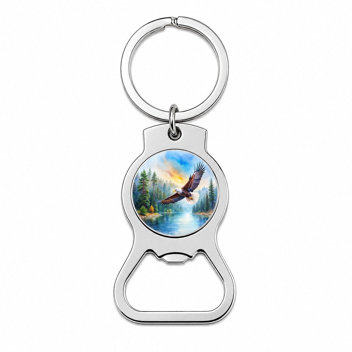 Bald Eagle Flying With Forest Lake Watercolor Bottle Opener Keychain