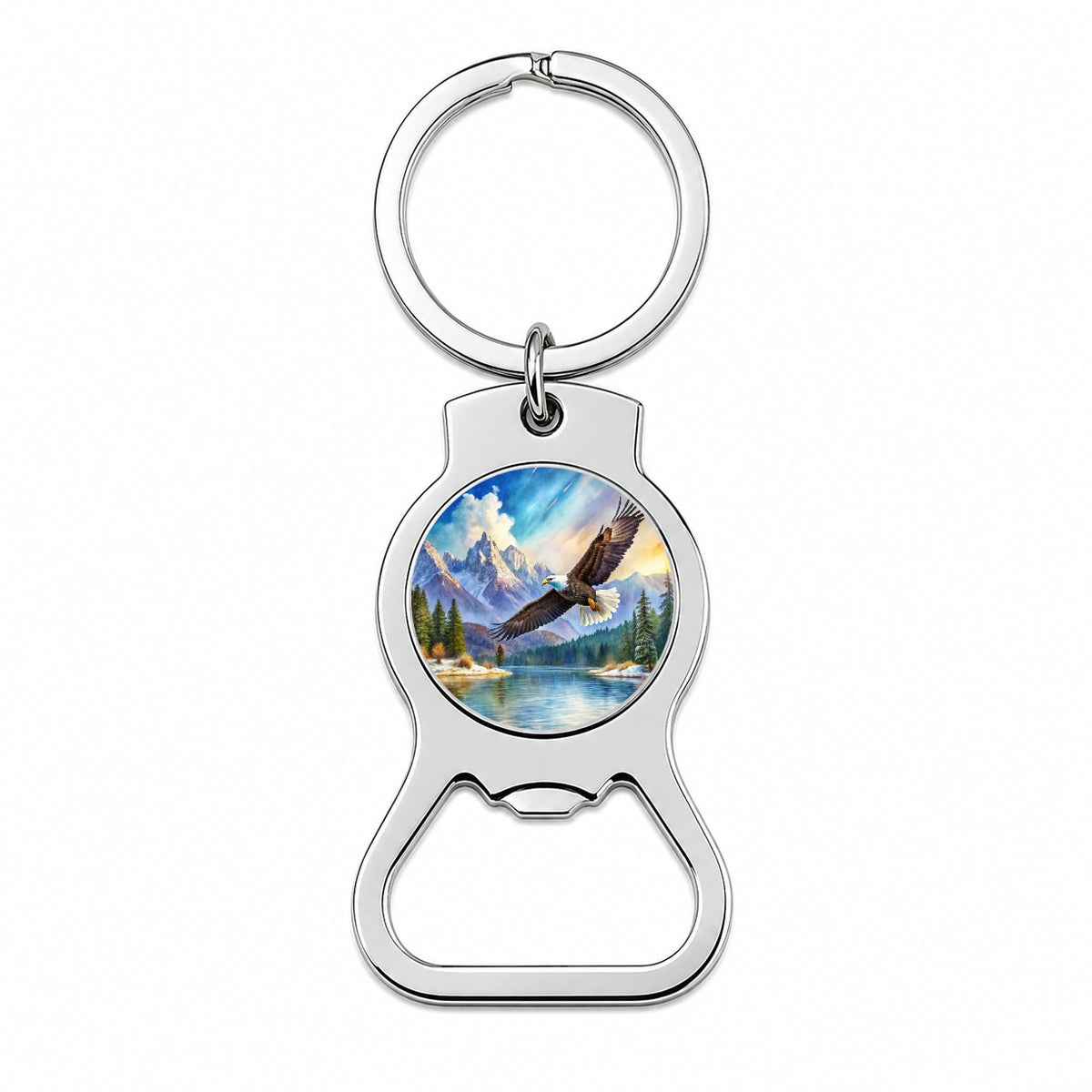 Bald Eagle Flying With Mountains Lake Watercolor Bottle Opener Keychain