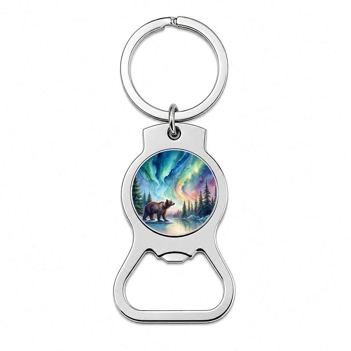 Bear And Northern Lights Watercolor Bottle Opener Keychain