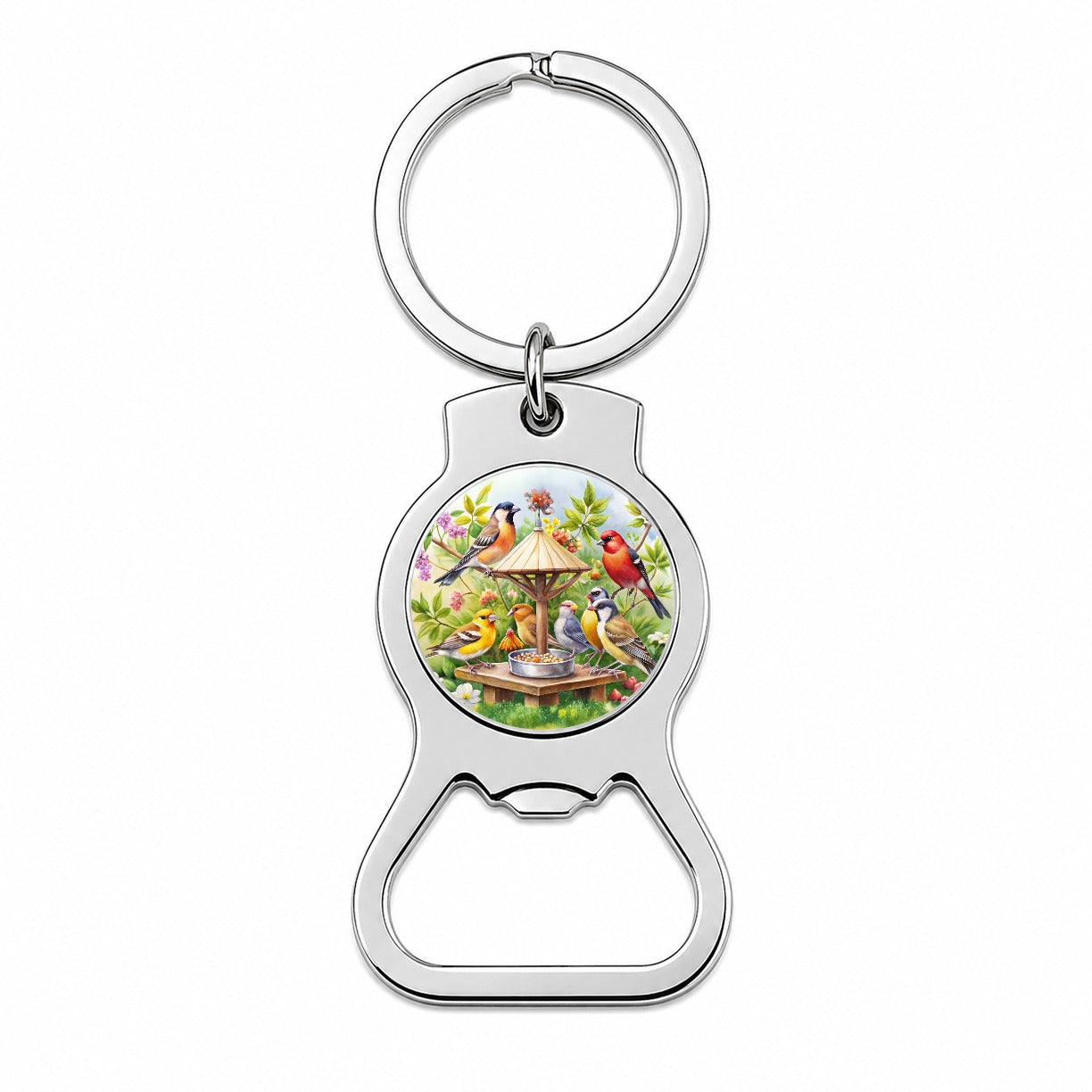 Birds At Feeder Watercolor Bottle Opener Keychain