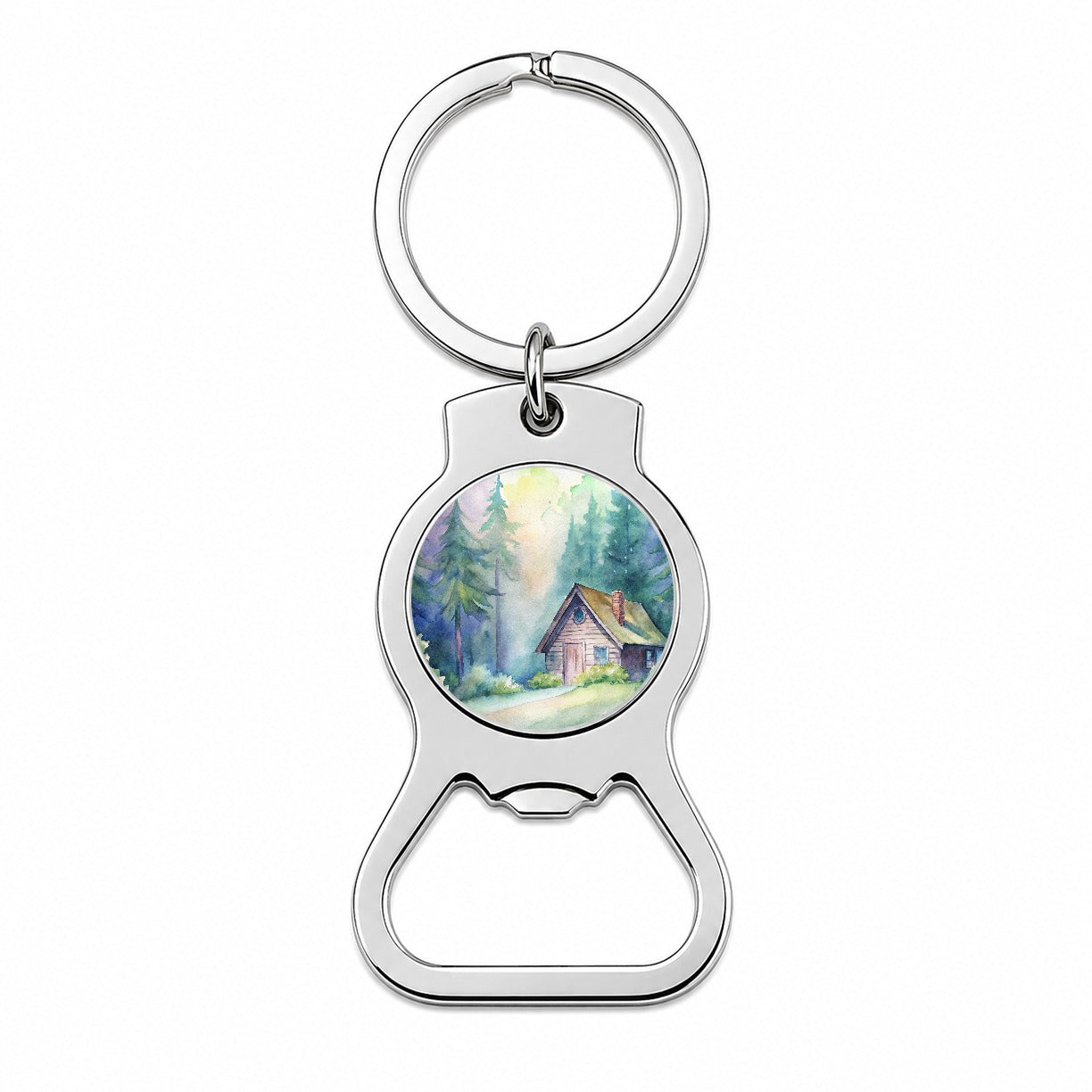Cabin In The Forest Woods Watercolor Bottle Opener Keychain