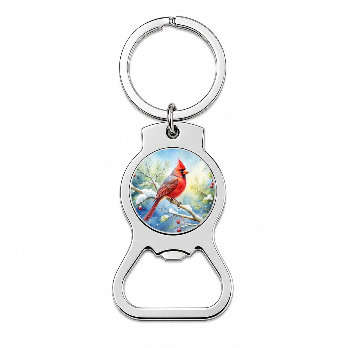 Cardinal In Snowy Tree Winter Watercolor Christmas Bottle Opener Keychain