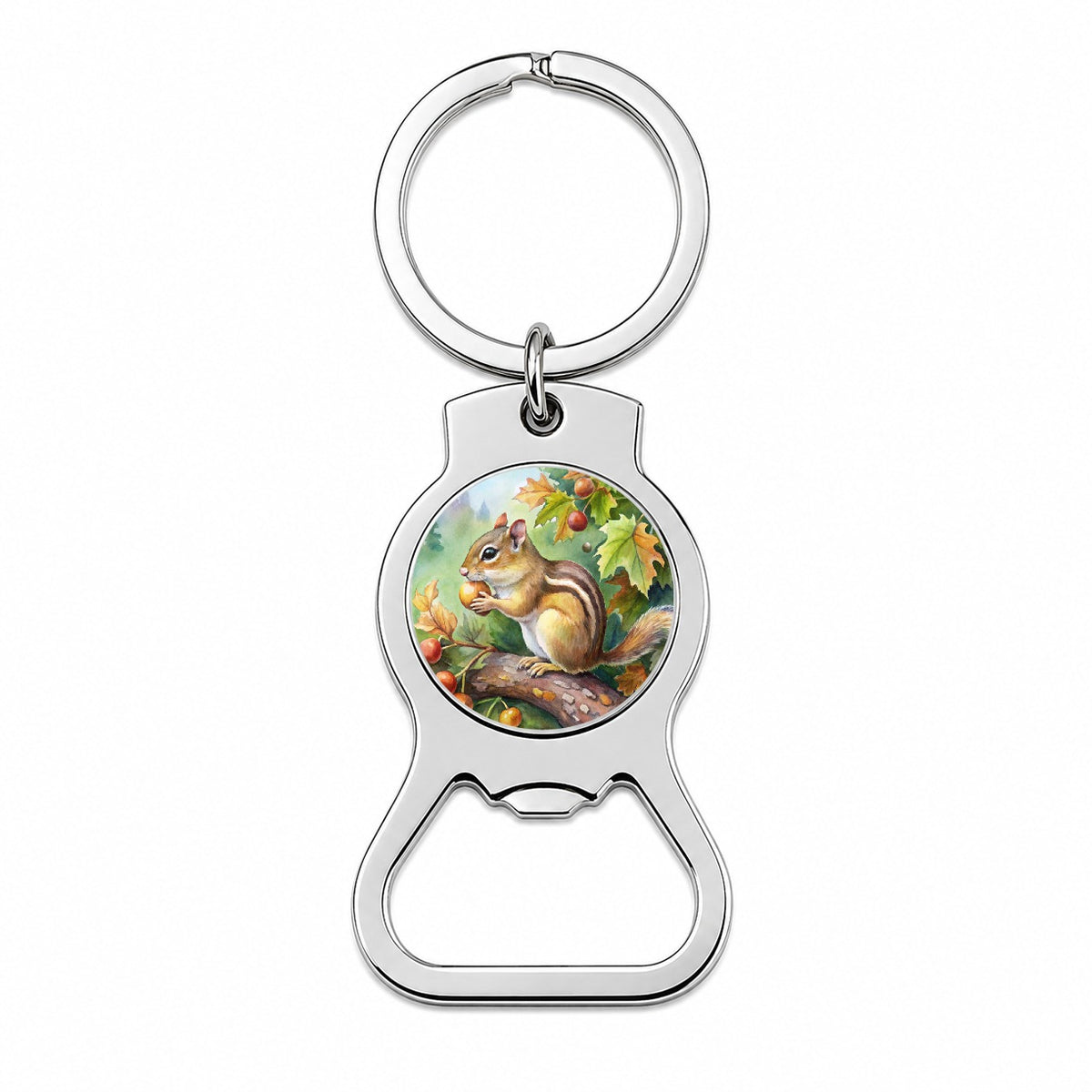 Chipmunk Eating Acorn In Tree Watercolor Bottle Opener Keychain