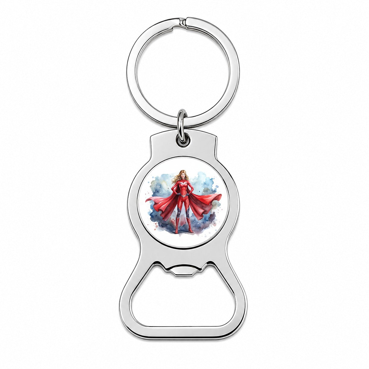 Classic Female Superhero With Red Costume Watercolor Bottle Opener Keychain