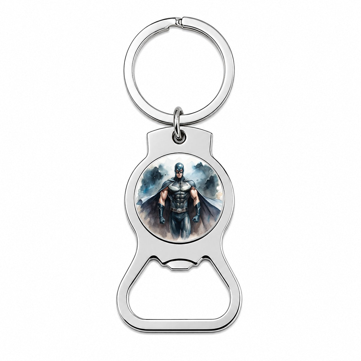 Classic Masked Superhero With Black Costume Watercolor Bottle Opener Keychain