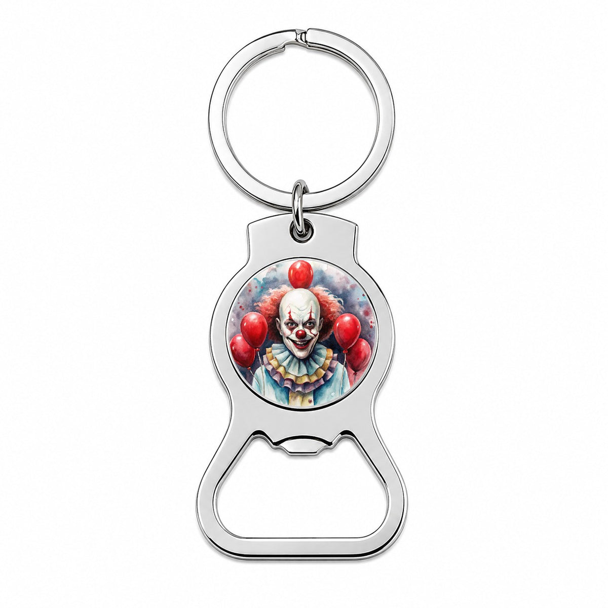 Creepy Scary Evil Clown With Red Balloons Watercolor Bottle Opener Keychain
