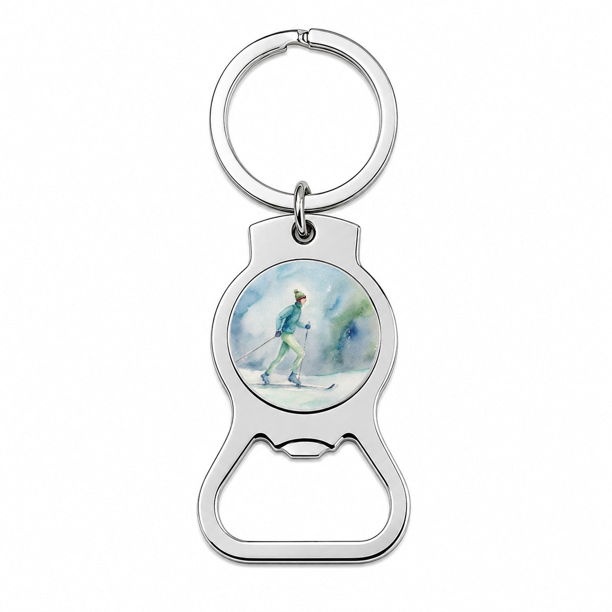 Cross Country Skiing Watercolor Bottle Opener Keychain