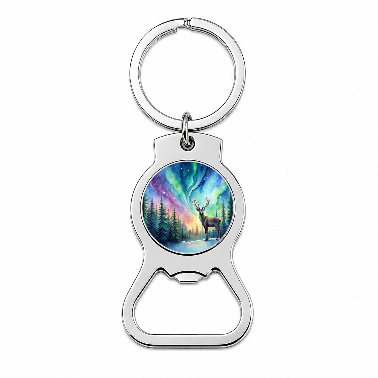 Deer And Northern Lights Watercolor Bottle Opener Keychain