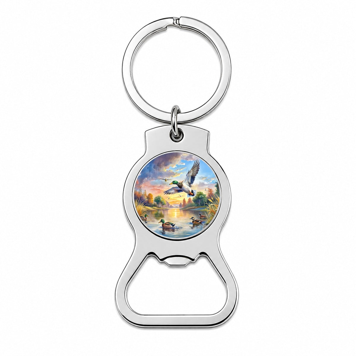 Ducks Flying At Sunrise Hunting Watercolor Bottle Opener Keychain