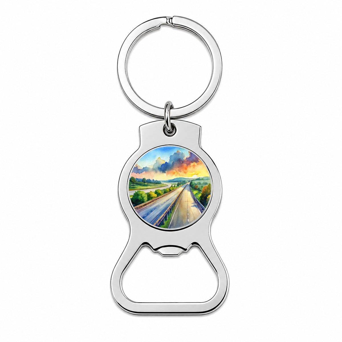 Empty Highway Stretching Into The Distance Watercolor Bottle Opener Keychain