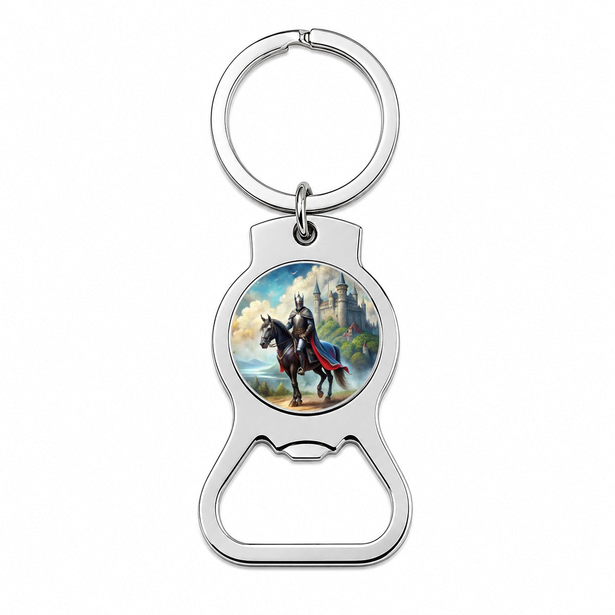 Fantasy Black Knight Astride Horse Outside Castle Watercolor Bottle Opener Keychain