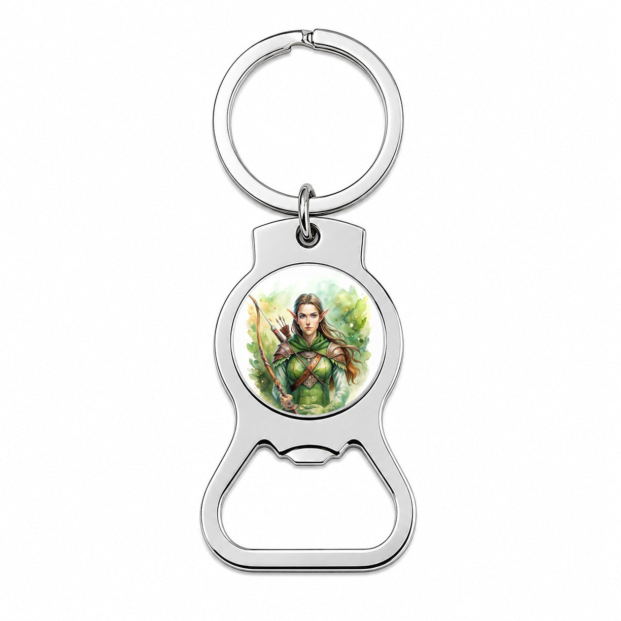 Fantasy Female Elven Ranger Watercolor Bottle Opener Keychain