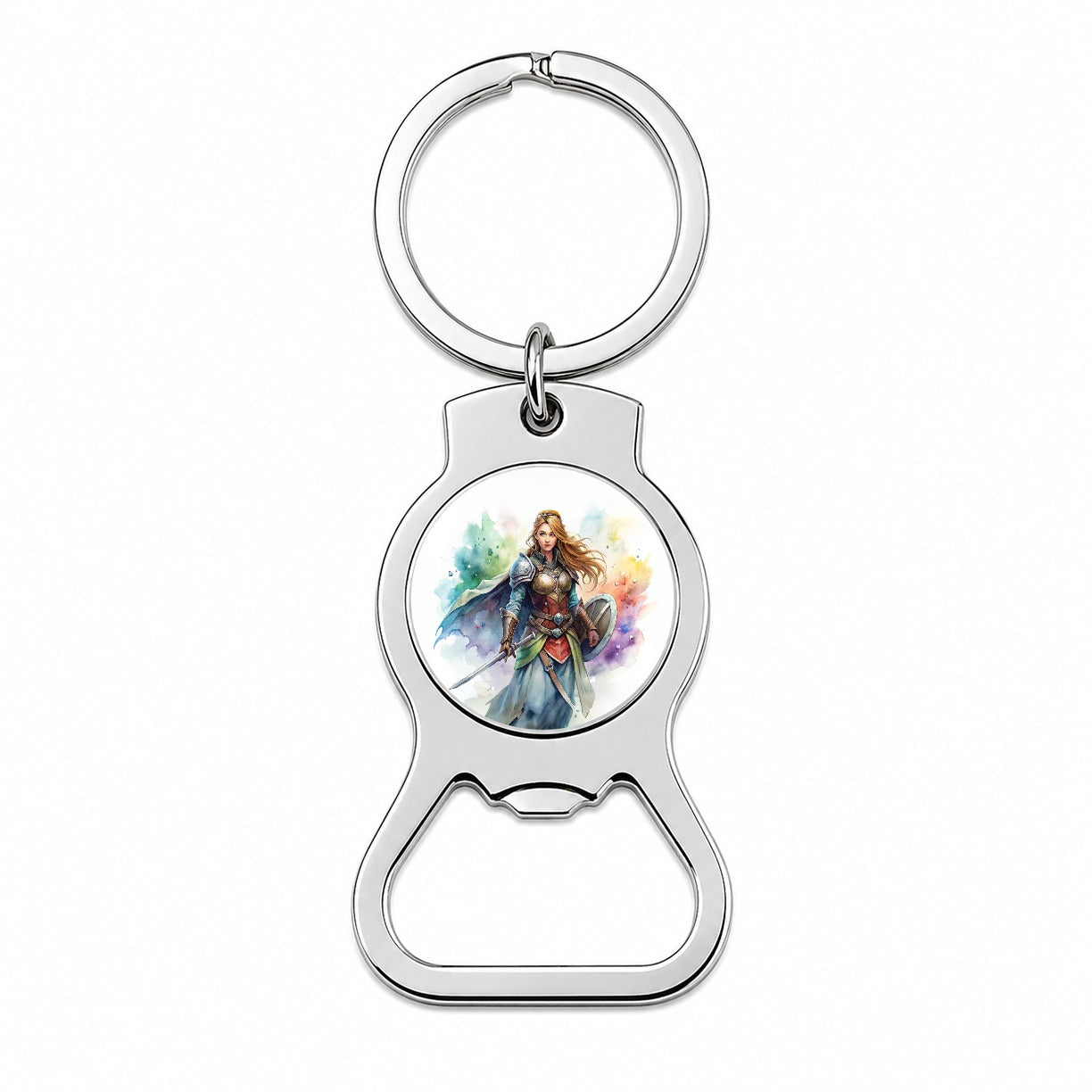 Fantasy Female Fighter Sword Shield-maiden Watercolor Bottle Opener Keychain