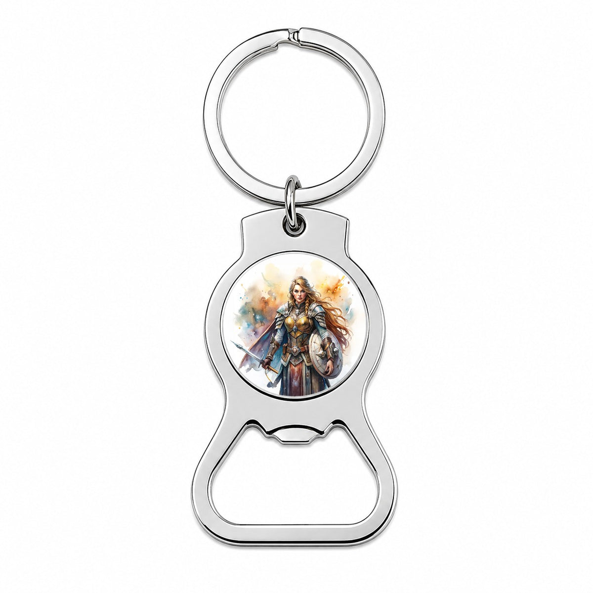 Fantasy Female Warrior Paladin Watercolor Bottle Opener Keychain