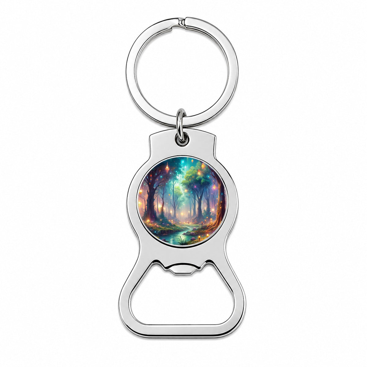 Fantasy Forest With Glowing Sprites Fae Spirits Watercolor Bottle Opener Keychain