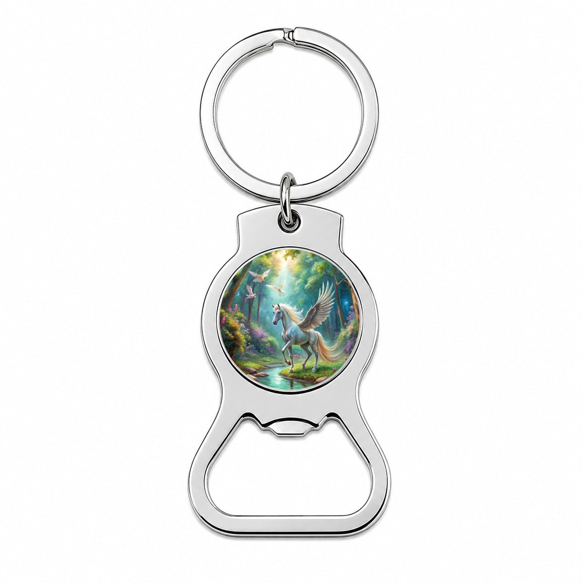 Fantasy Forest With Pegasus Winged-stallion Watercolor Bottle Opener Keychain
