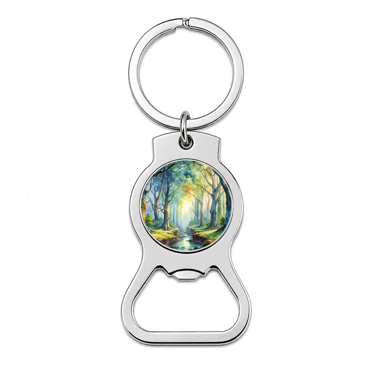 Fantasy Misty Forest Stream And Trees Watercolor Bottle Opener Keychain
