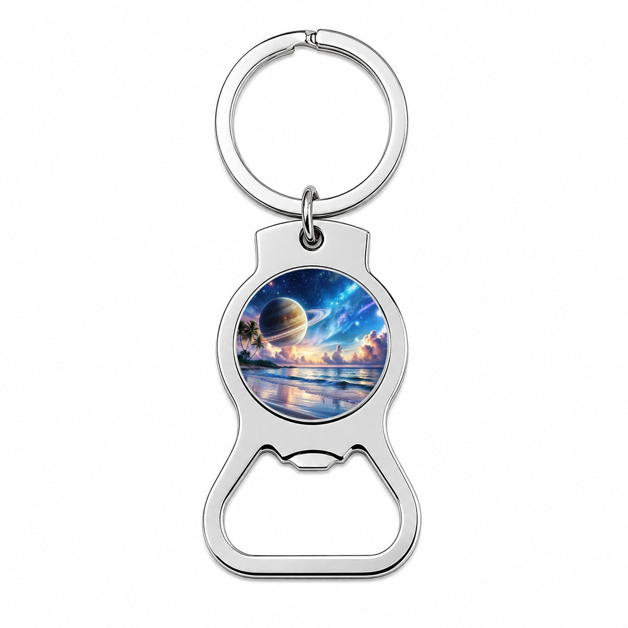 Fantasy Sci-fi World Saturn Rising Over Beach Bottle Opener Keychain