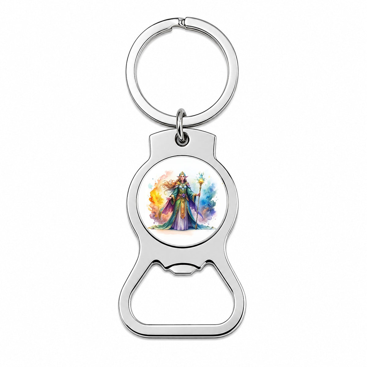 Fantasy Sorceress Colorful Magic Mana Watercolor Bottle Opener Keychain