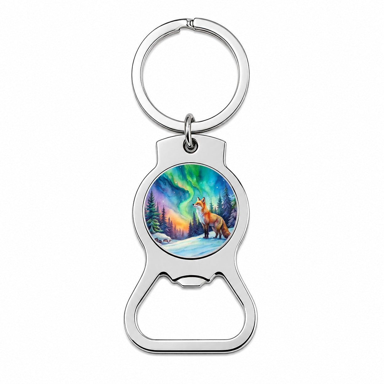 Fox And Northern Lights Watercolor Bottle Opener Keychain