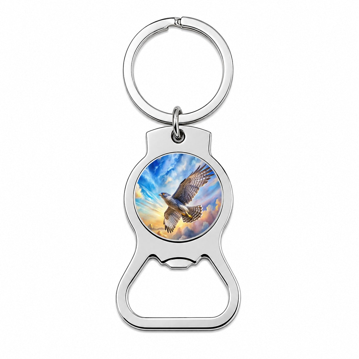 Goshawk Raptor Bird Of Prey In Flight Sky Clouds Watercolor Bottle Opener Keychain