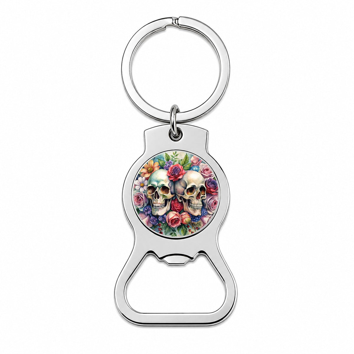 Gothic Skulls And Flowers Watercolor Bottle Opener Keychain