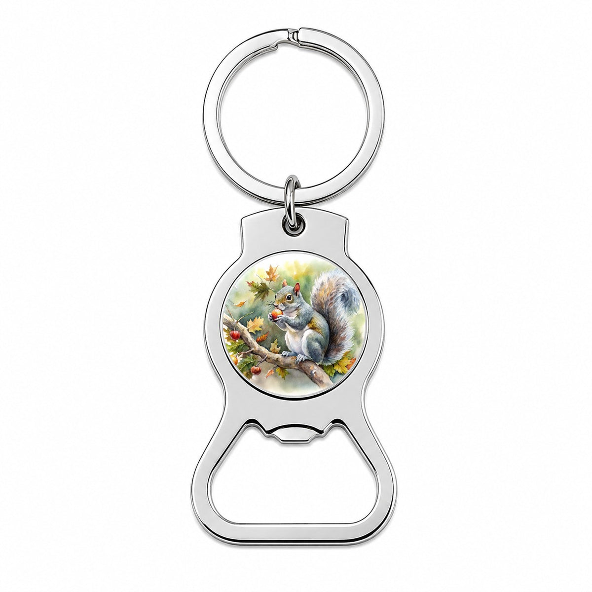 Gray Squirrel Eating Acorn In Tree Watercolor Bottle Opener Keychain