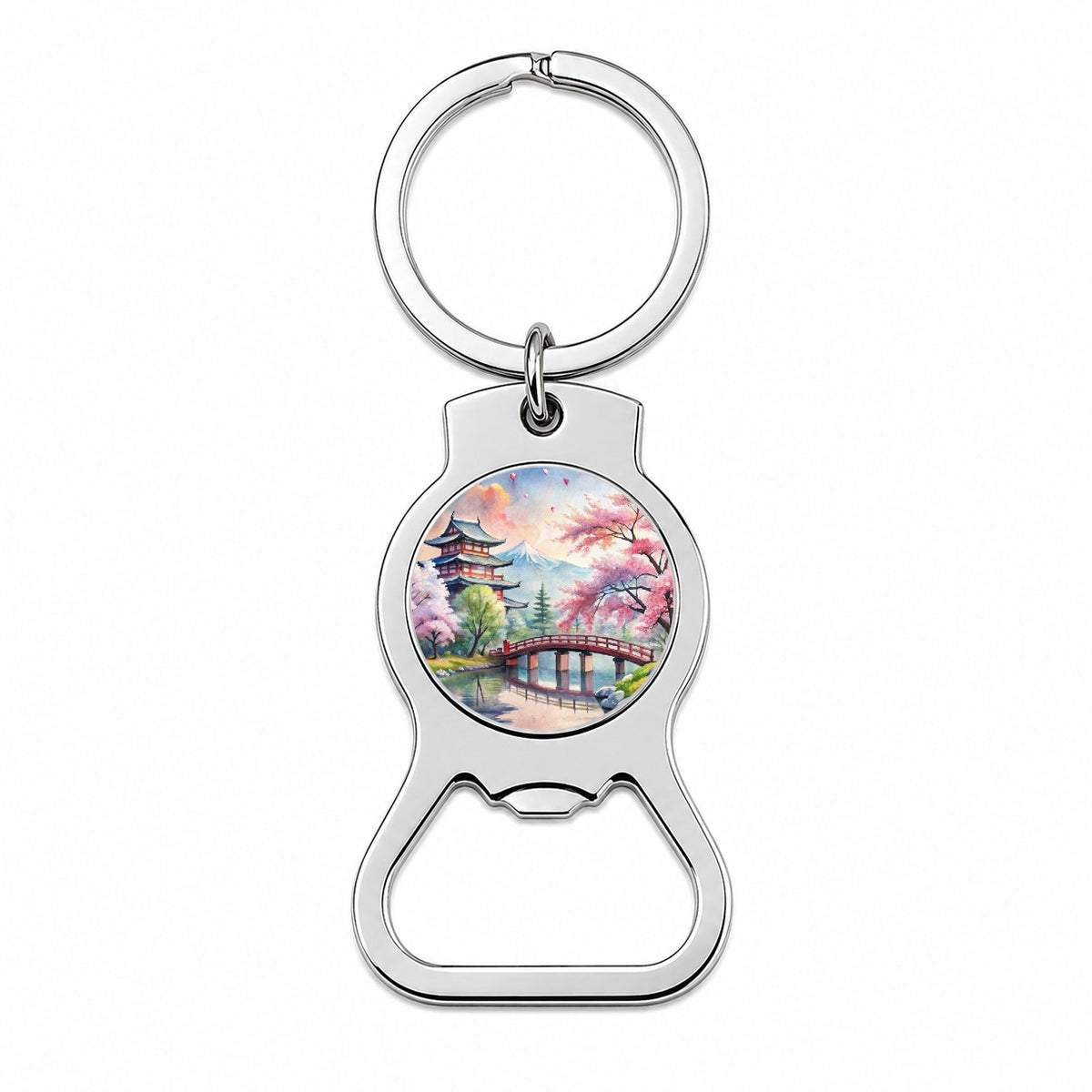 Japanese Scene With Bridge And Cherry Blossom Trees Watercolor Bottle Opener Keychain