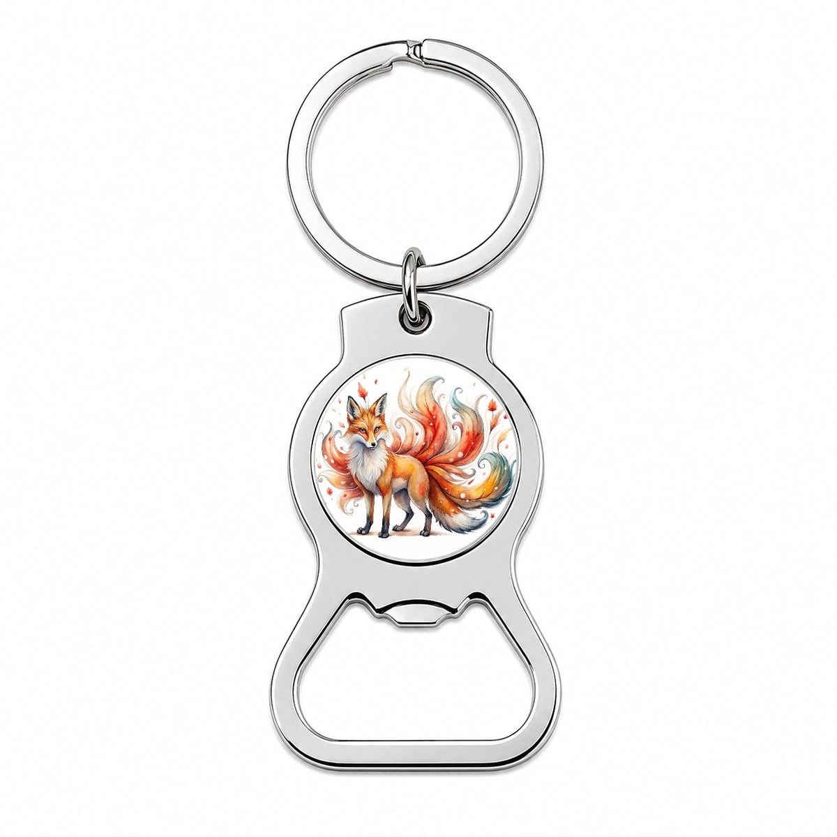 Kitsune Fox With Many Tails Asian Japanese Spirit Folklore Watercolor Bottle Opener Keychain