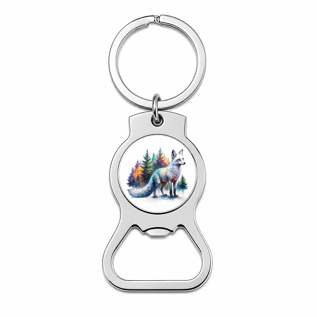 Kitsune White Fox Asian Japanese In Forest Watercolor Bottle Opener Keychain