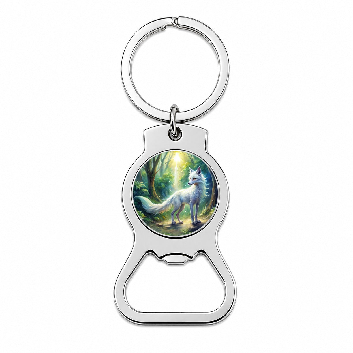 Kitsune White Fox Fantasy Japanese In Forest Watercolor Bottle Opener Keychain