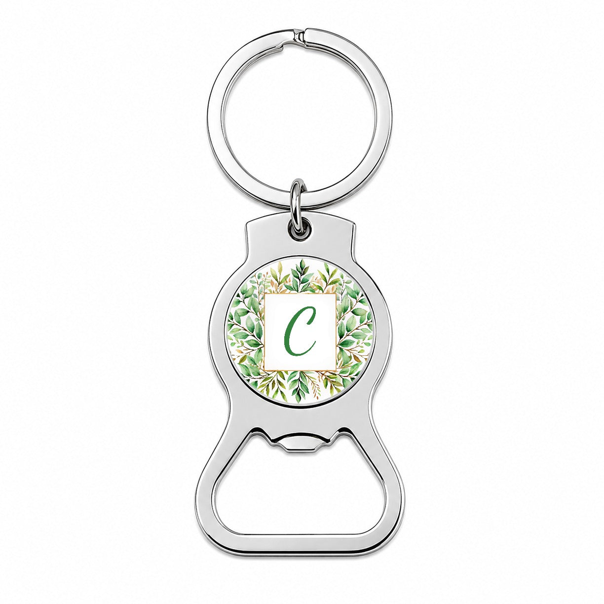 Letter C Initial Monogram Frame Leaf Bottle Opener Keychain