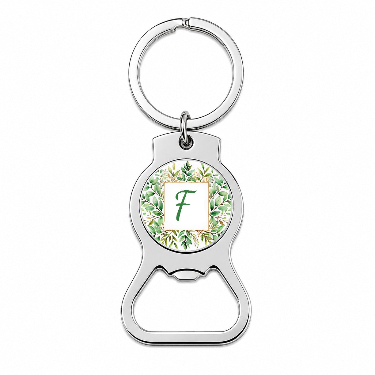 Letter F Initial Monogram Frame Leaf Bottle Opener Keychain