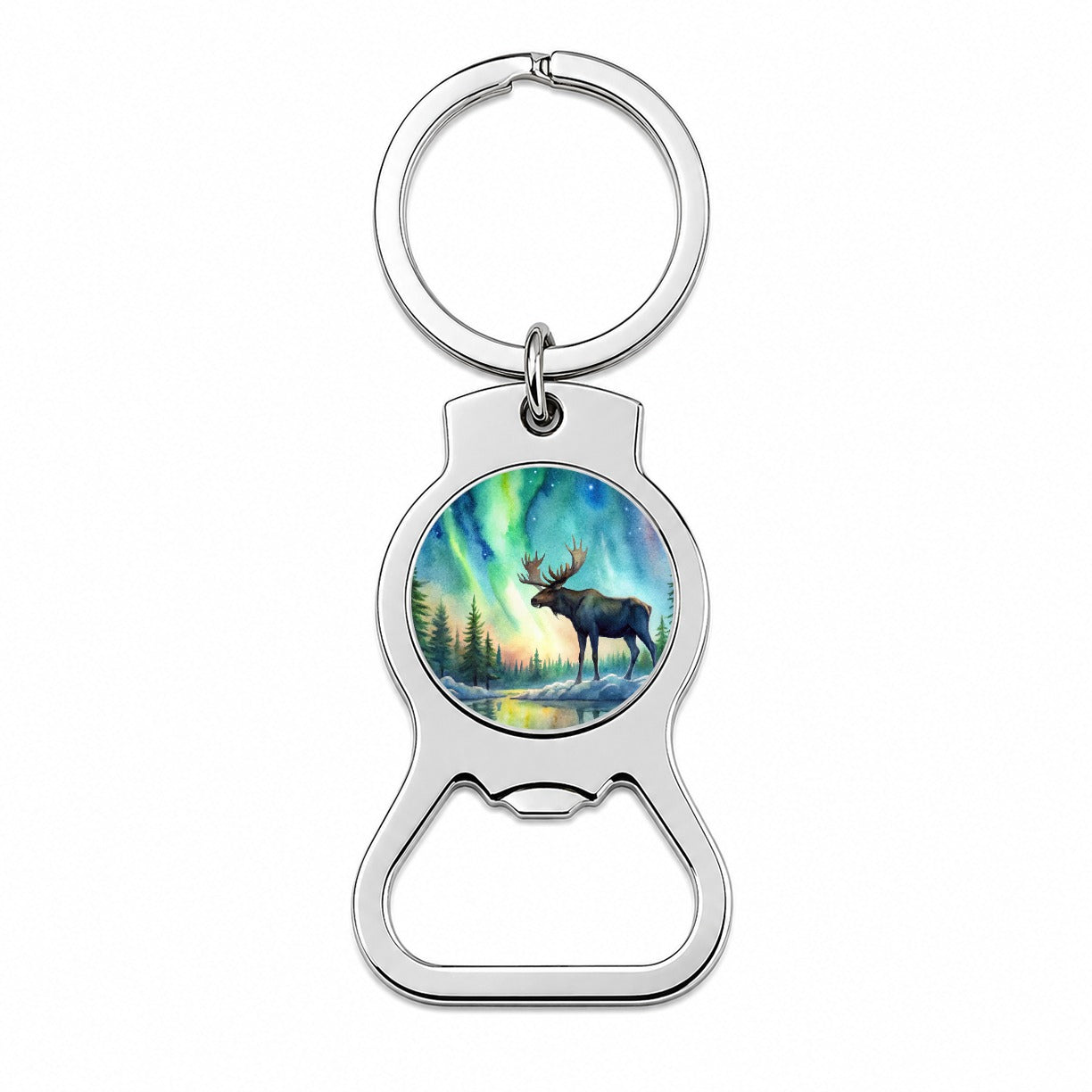 Moose And Northern Lights Watercolor Bottle Opener Keychain