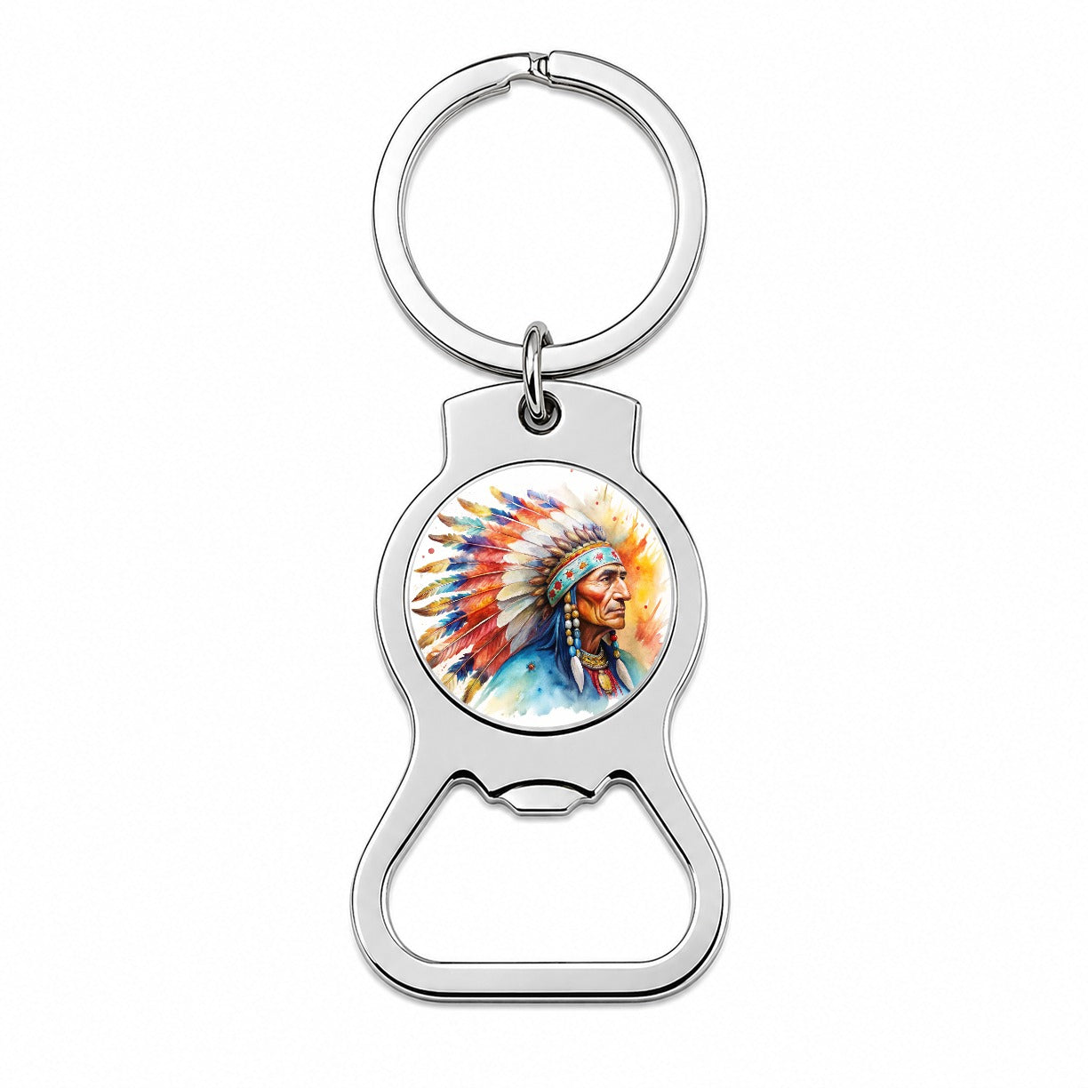 Native American Indian Chief Feather Headdress Watercolor Bottle Opener Keychain