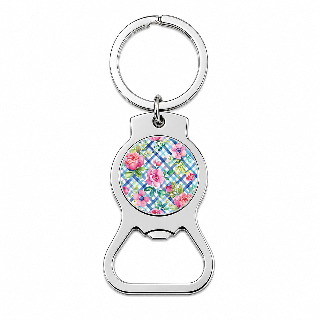 Preppy Pink Flowers Blue Gingham Plaid Bottle Opener Keychain