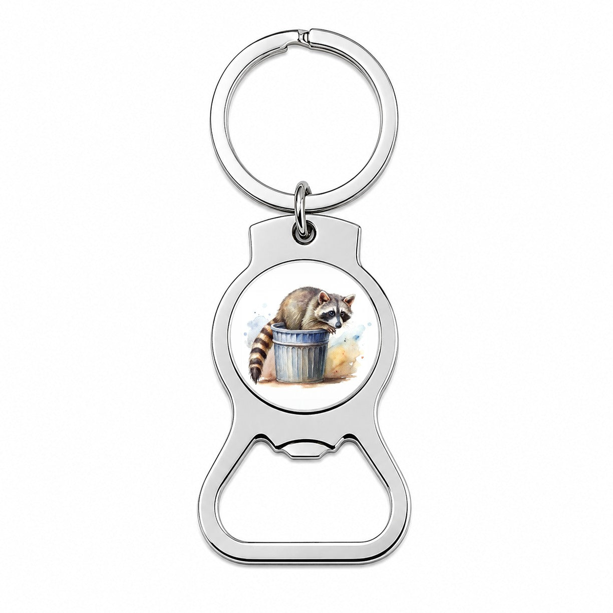 Raccoon In A Trash Can Panda Watercolor Bottle Opener Keychain