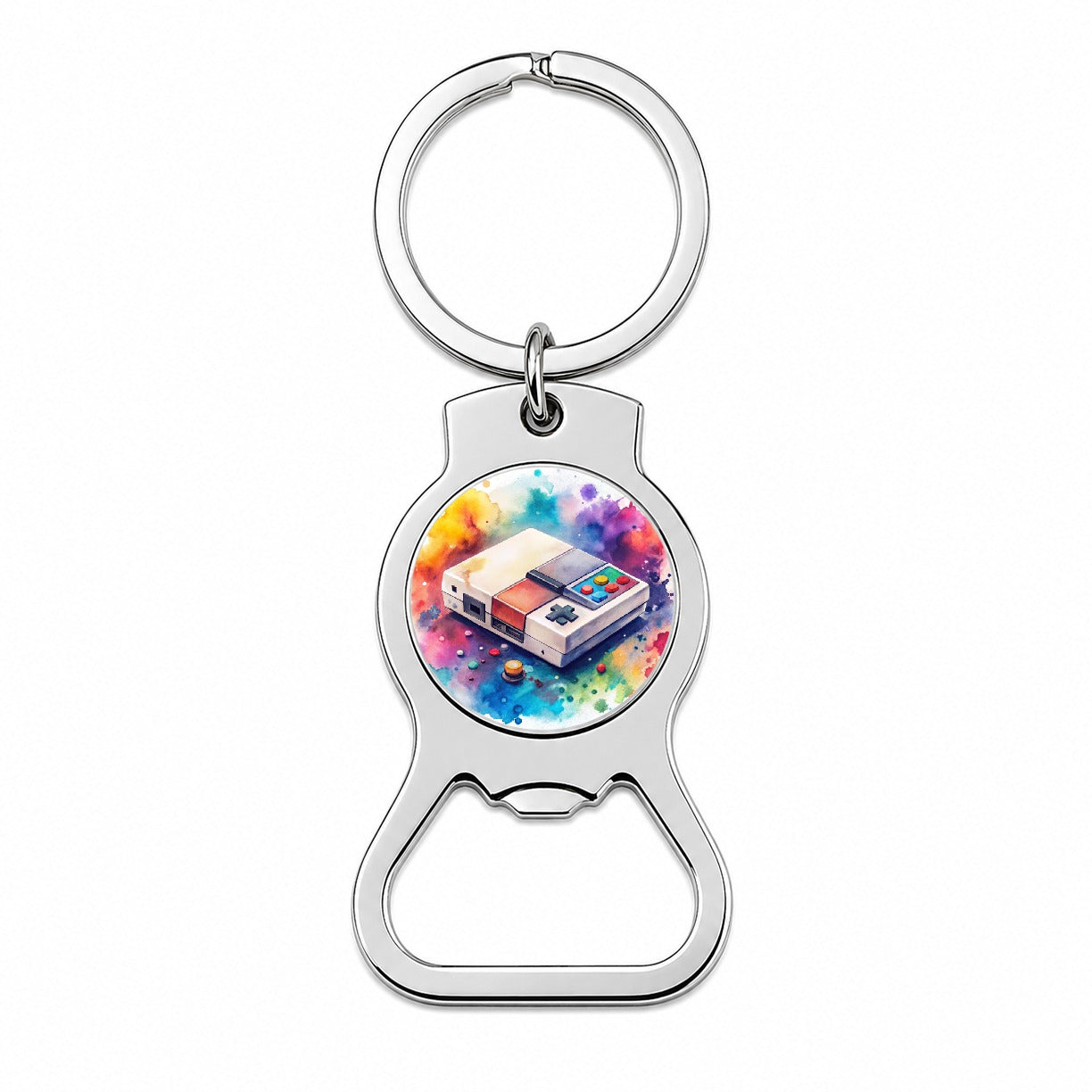 Retro Arcade Console System Watercolor Bottle Opener Keychain
