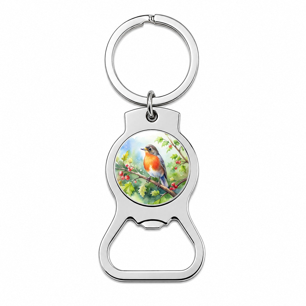 Robin In Tree Bird Watercolor Bottle Opener Keychain