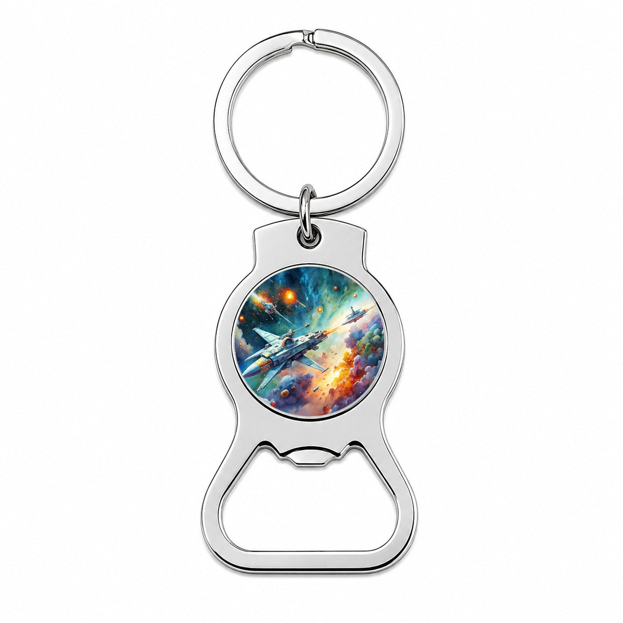 Sci-fi Spaceships Fighting In Space Watercolor Bottle Opener Keychain