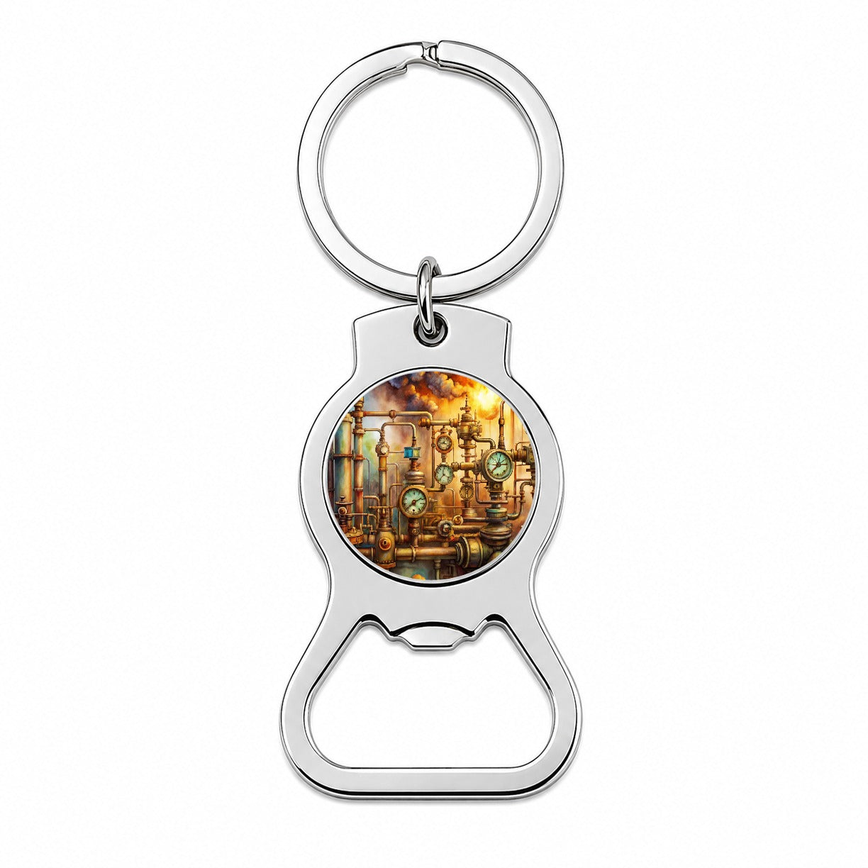Sci-fi Steampunk Pipes Gauges Steam Fire Watercolor Bottle Opener Keychain