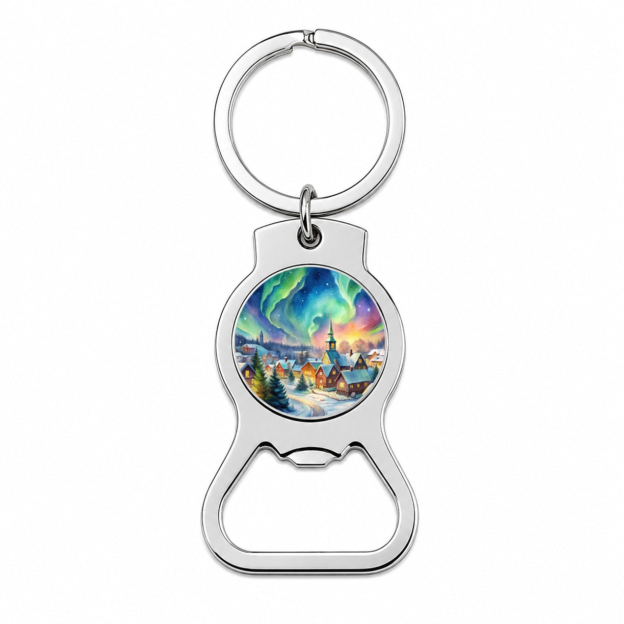 Small Town Northern Lights Watercolor Bottle Opener Keychain