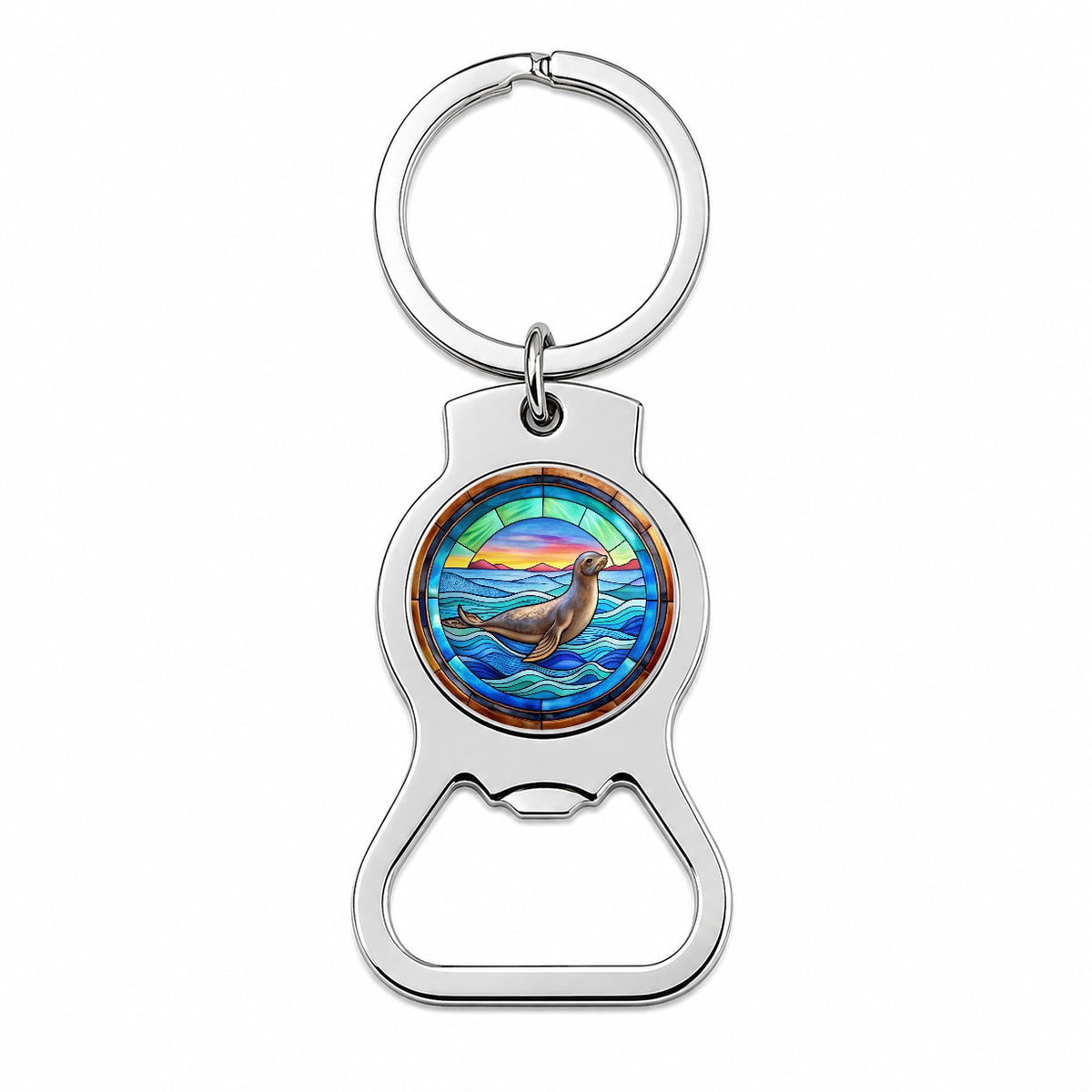 Stained Glass Seal In The Ocean Bottle Opener Keychain