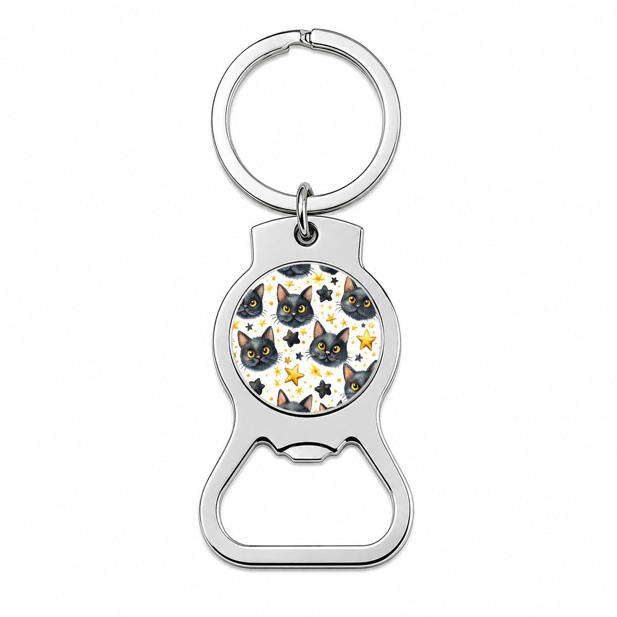 Sweet Black Cat Faces Yellow Stars Bottle Opener Keychain