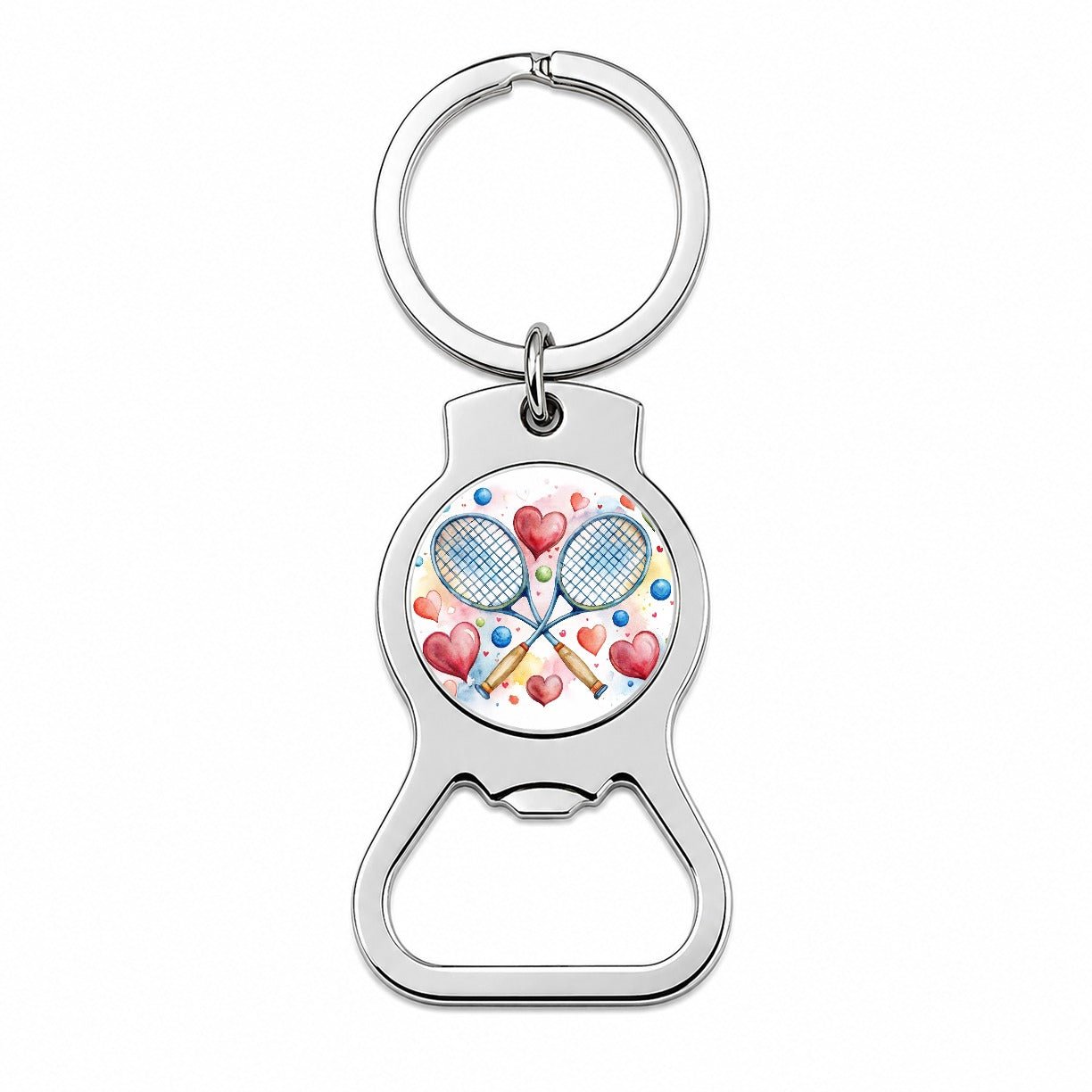 Tennis Rackets Crossed With Hearts Watercolor Bottle Opener Keychain