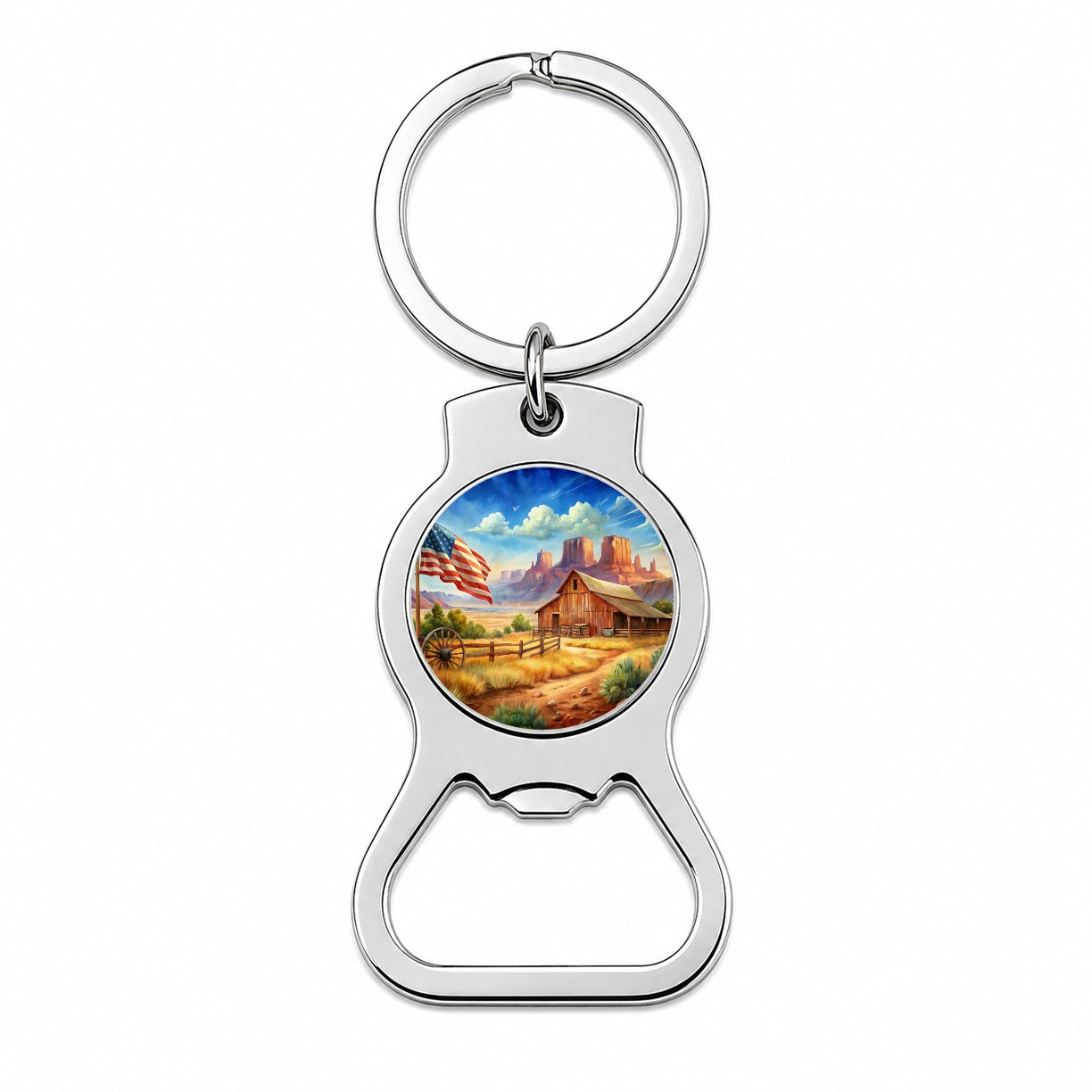 Western Americana Country Flag Ranch Wagon Wheel Bottle Opener Keychain