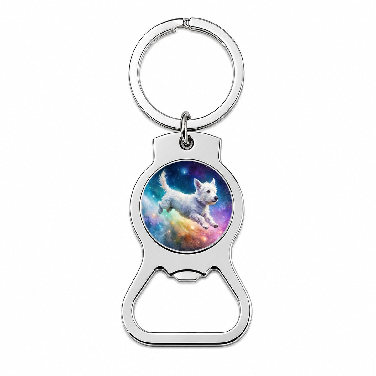 White Dog Flying Through Space Funny Watercolor Bottle Opener Keychain