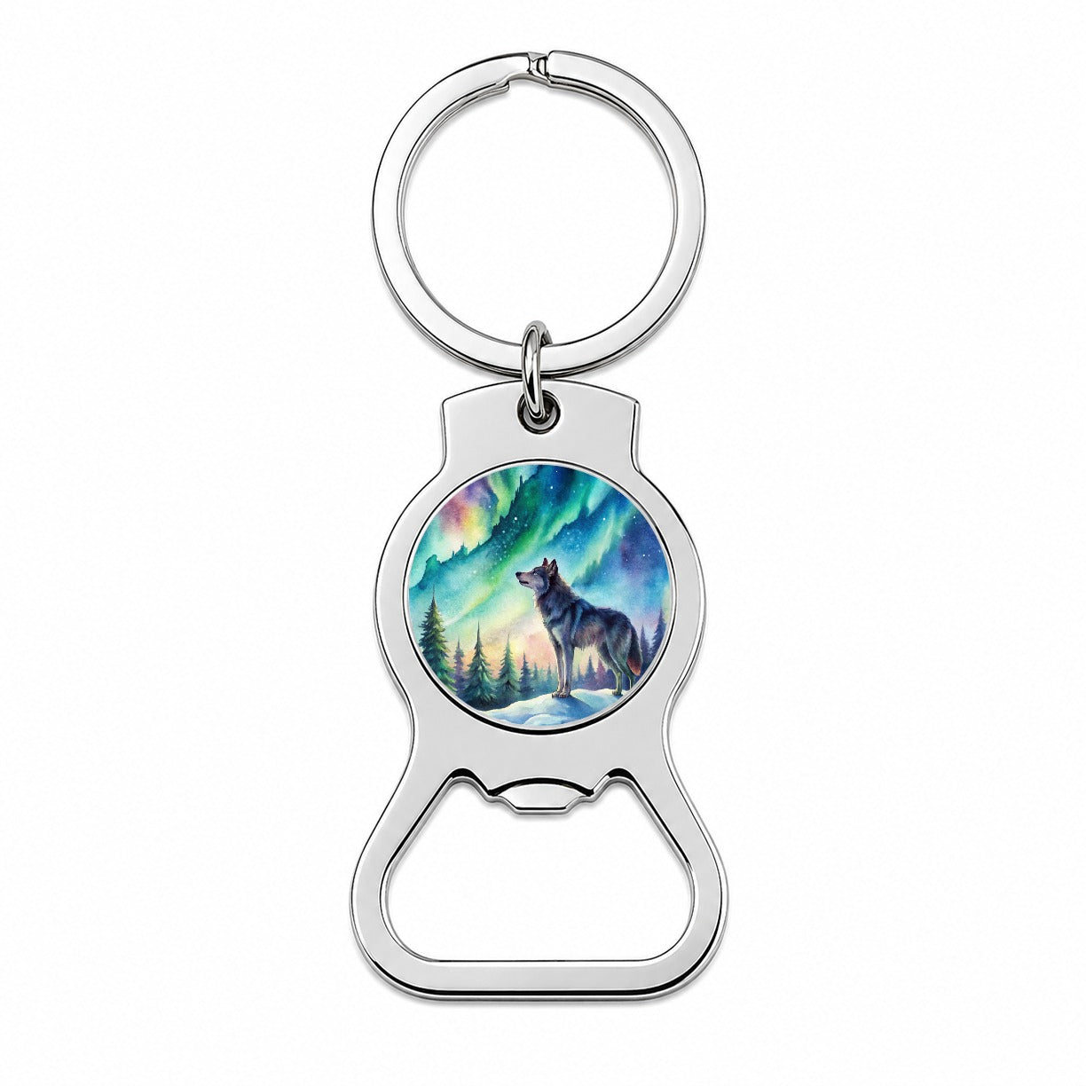 Wolf And Northern Lights Watercolor Bottle Opener Keychain