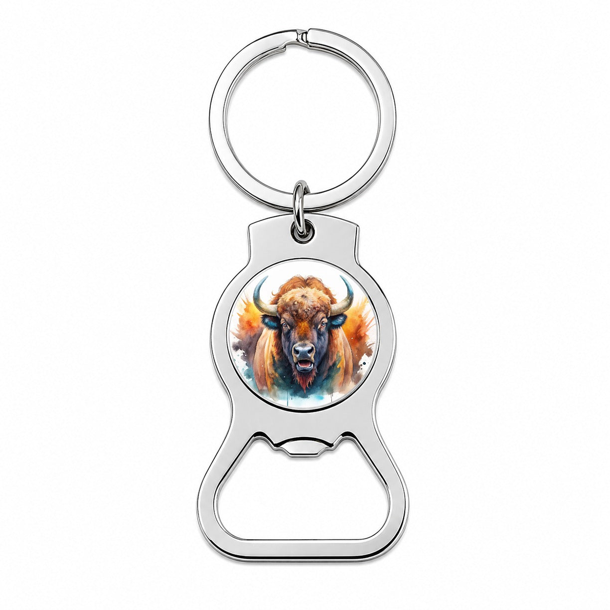 Angry American Bison Buffalo Watercolor Bottle Opener Keychain